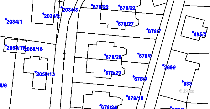 Parcela st. 678/28 v KÚ Kyje, Katastrální mapa