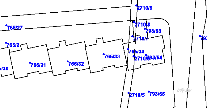 Parcela st. 765/33 v KÚ Kyje, Katastrální mapa