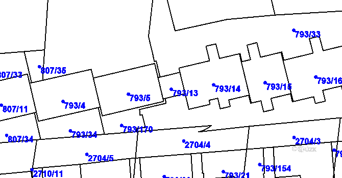 Parcela st. 793/13 v KÚ Kyje, Katastrální mapa