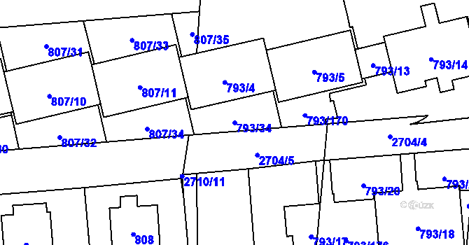 Parcela st. 793/34 v KÚ Kyje, Katastrální mapa
