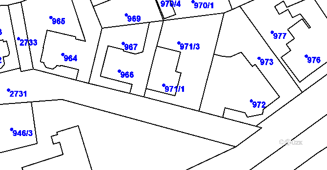 Parcela st. 971/1 v KÚ Kyje, Katastrální mapa