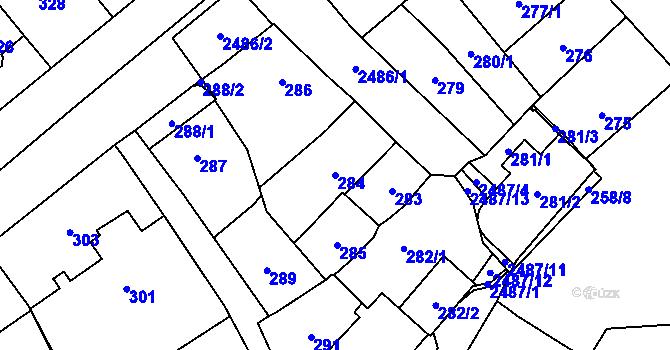 Parcela st. 284 v KÚ Hloubětín, Katastrální mapa