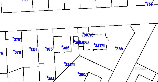 Parcela st. 387/2 v KÚ Hloubětín, Katastrální mapa