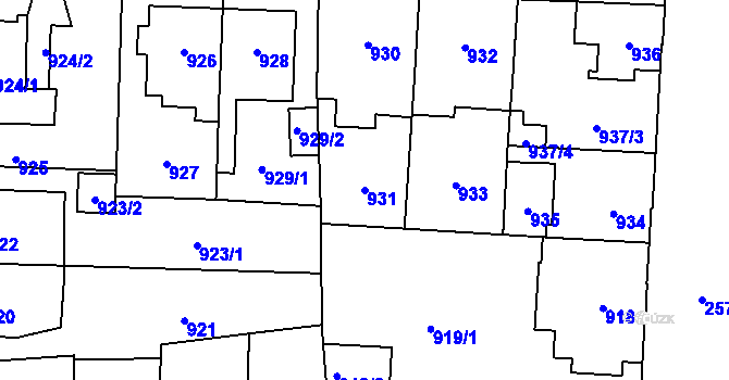 Parcela st. 931 v KÚ Hloubětín, Katastrální mapa