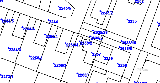 Parcela st. 2258/2 v KÚ Hloubětín, Katastrální mapa