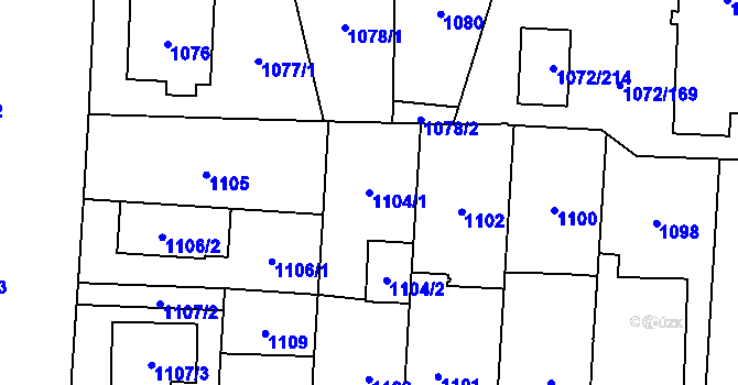 Parcela st. 1104/1 v KÚ Hloubětín, Katastrální mapa
