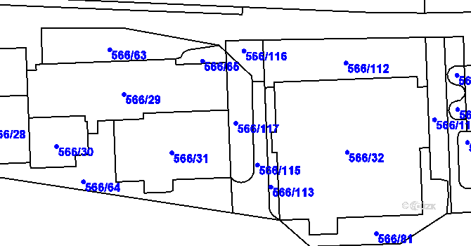 Parcela st. 566/117 v KÚ Hloubětín, Katastrální mapa