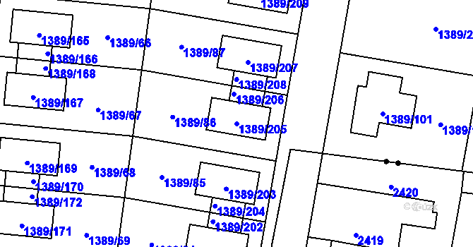 Parcela st. 1389/205 v KÚ Hloubětín, Katastrální mapa