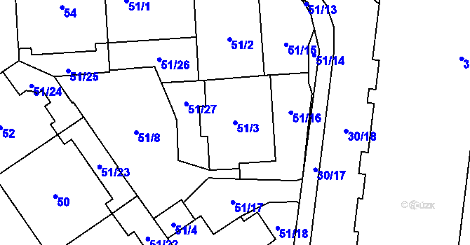 Parcela st. 51/3 v KÚ Vysočany, Katastrální mapa