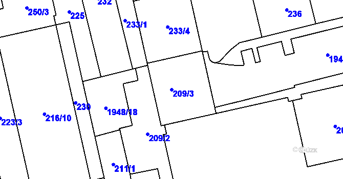 Parcela st. 209/3 v KÚ Vysočany, Katastrální mapa