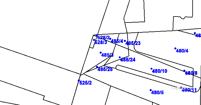 Parcela st. 485/3 v KÚ Vysočany, Katastrální mapa