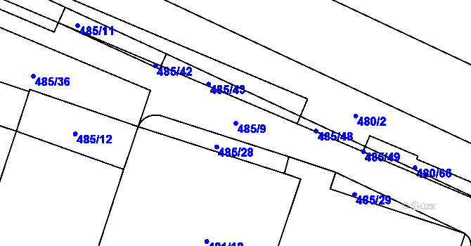 Parcela st. 485/9 v KÚ Vysočany, Katastrální mapa