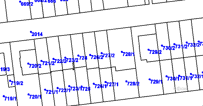 Parcela st. 727/2 v KÚ Vysočany, Katastrální mapa