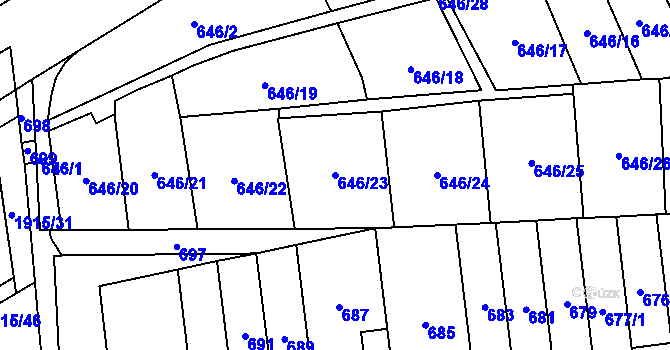 Parcela st. 646/23 v KÚ Vysočany, Katastrální mapa