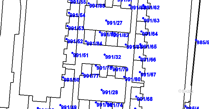 Parcela st. 991/32 v KÚ Vysočany, Katastrální mapa