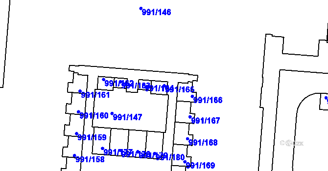 Parcela st. 991/165 v KÚ Vysočany, Katastrální mapa