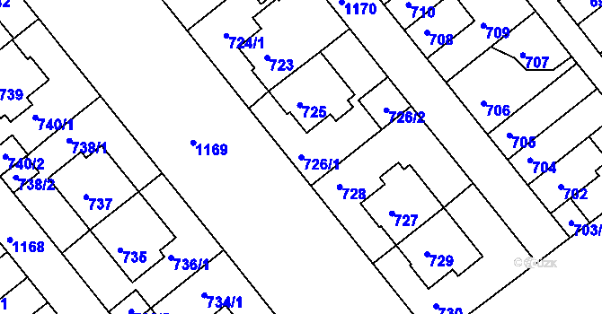 Parcela st. 726/1 v KÚ Prosek, Katastrální mapa
