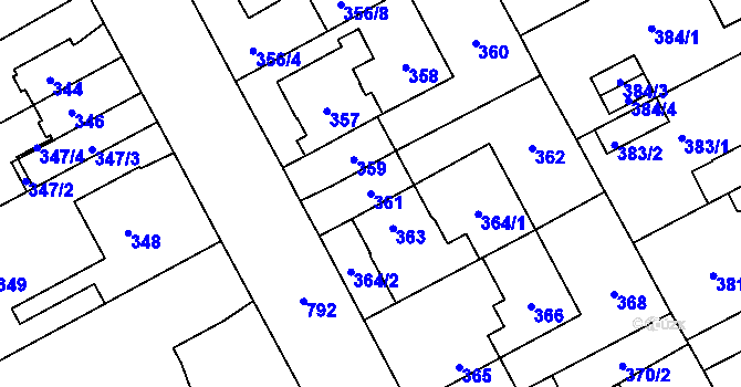 Parcela st. 361 v KÚ Letňany, Katastrální mapa