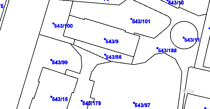 Parcela st. 543/98 v KÚ Letňany, Katastrální mapa
