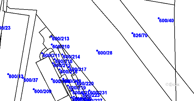Parcela st. 600/28 v KÚ Letňany, Katastrální mapa