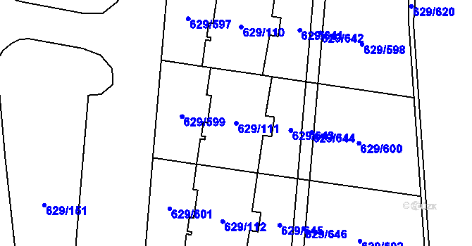 Parcela st. 629/111 v KÚ Letňany, Katastrální mapa