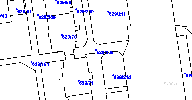 Parcela st. 629/208 v KÚ Letňany, Katastrální mapa