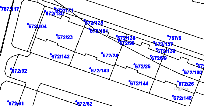 Parcela st. 672/24 v KÚ Letňany, Katastrální mapa