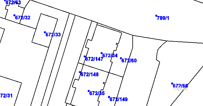 Parcela st. 672/34 v KÚ Letňany, Katastrální mapa
