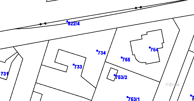 Parcela st. 734 v KÚ Letňany, Katastrální mapa