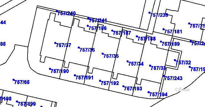 Parcela st. 757/35 v KÚ Letňany, Katastrální mapa