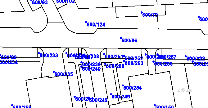 Parcela st. 600/251 v KÚ Letňany, Katastrální mapa