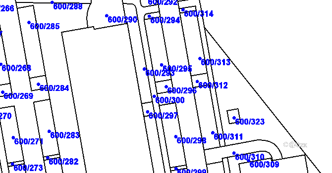Parcela st. 600/296 v KÚ Letňany, Katastrální mapa