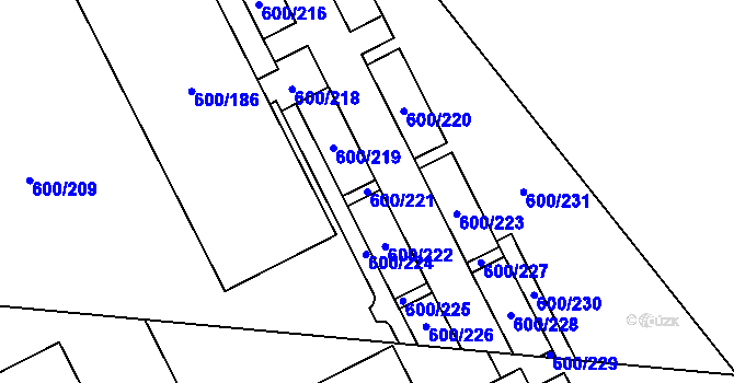Parcela st. 600/221 v KÚ Letňany, Katastrální mapa