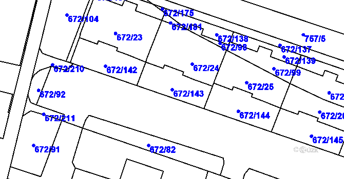 Parcela st. 672/143 v KÚ Letňany, Katastrální mapa