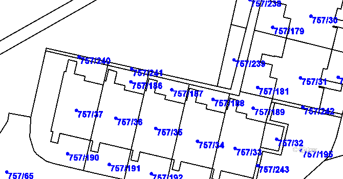 Parcela st. 757/187 v KÚ Letňany, Katastrální mapa