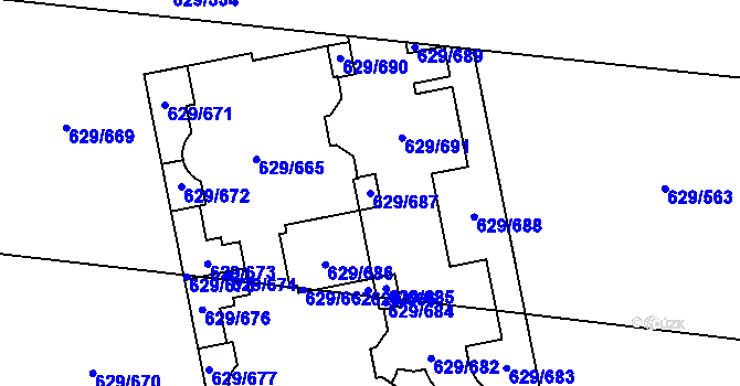 Parcela st. 629/687 v KÚ Letňany, Katastrální mapa