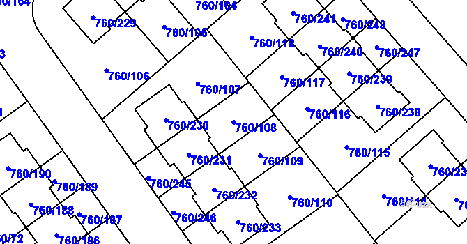 Parcela st. 760/108 v KÚ Letňany, Katastrální mapa
