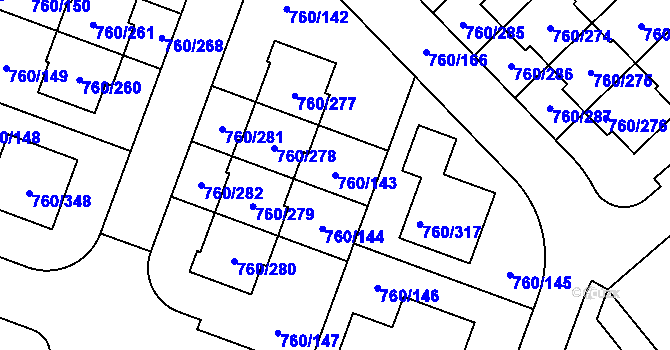 Parcela st. 760/143 v KÚ Letňany, Katastrální mapa
