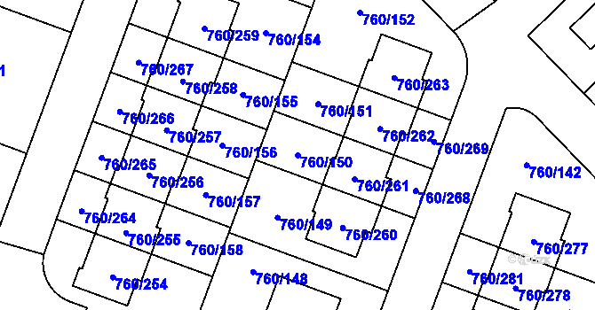 Parcela st. 760/150 v KÚ Letňany, Katastrální mapa