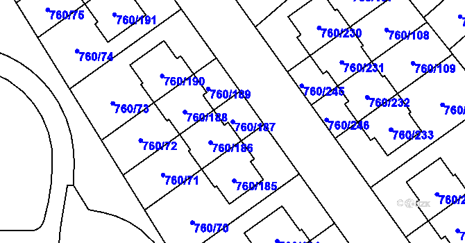 Parcela st. 760/187 v KÚ Letňany, Katastrální mapa