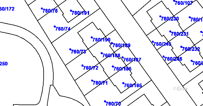 Parcela st. 760/188 v KÚ Letňany, Katastrální mapa