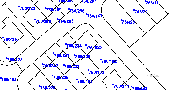 Parcela st. 760/225 v KÚ Letňany, Katastrální mapa