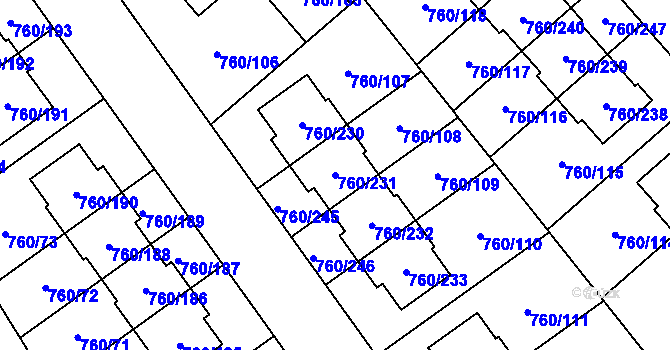 Parcela st. 760/231 v KÚ Letňany, Katastrální mapa