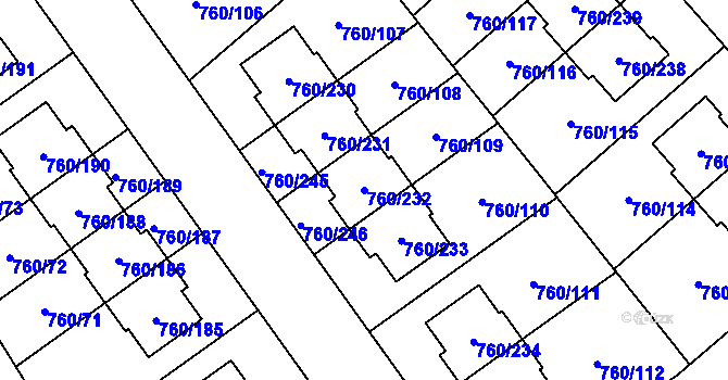 Parcela st. 760/232 v KÚ Letňany, Katastrální mapa