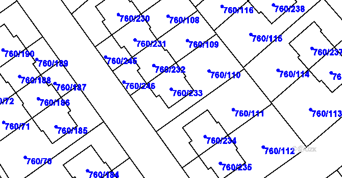 Parcela st. 760/233 v KÚ Letňany, Katastrální mapa