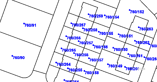 Parcela st. 760/257 v KÚ Letňany, Katastrální mapa