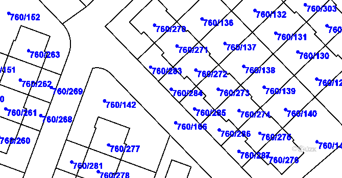 Parcela st. 760/284 v KÚ Letňany, Katastrální mapa