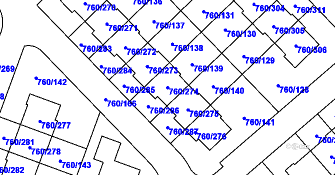 Parcela st. 760/274 v KÚ Letňany, Katastrální mapa