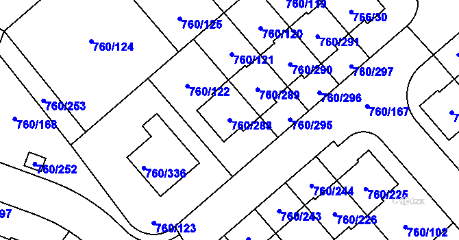Parcela st. 760/288 v KÚ Letňany, Katastrální mapa