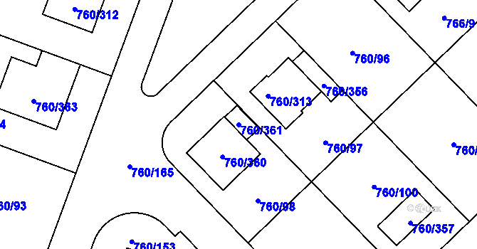 Parcela st. 760/361 v KÚ Letňany, Katastrální mapa
